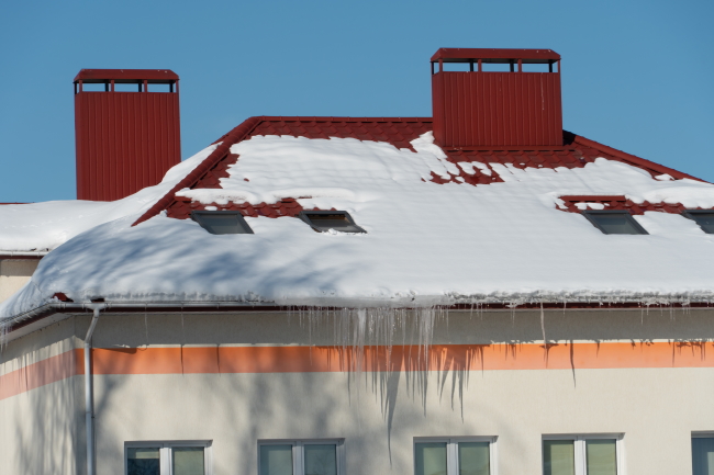 Roofs Buildings Are Covered With Snow Ice After Big Snowfall Huge Icicles Hang From Facades Buildings Fall Icicles Carries Danger People S Lives